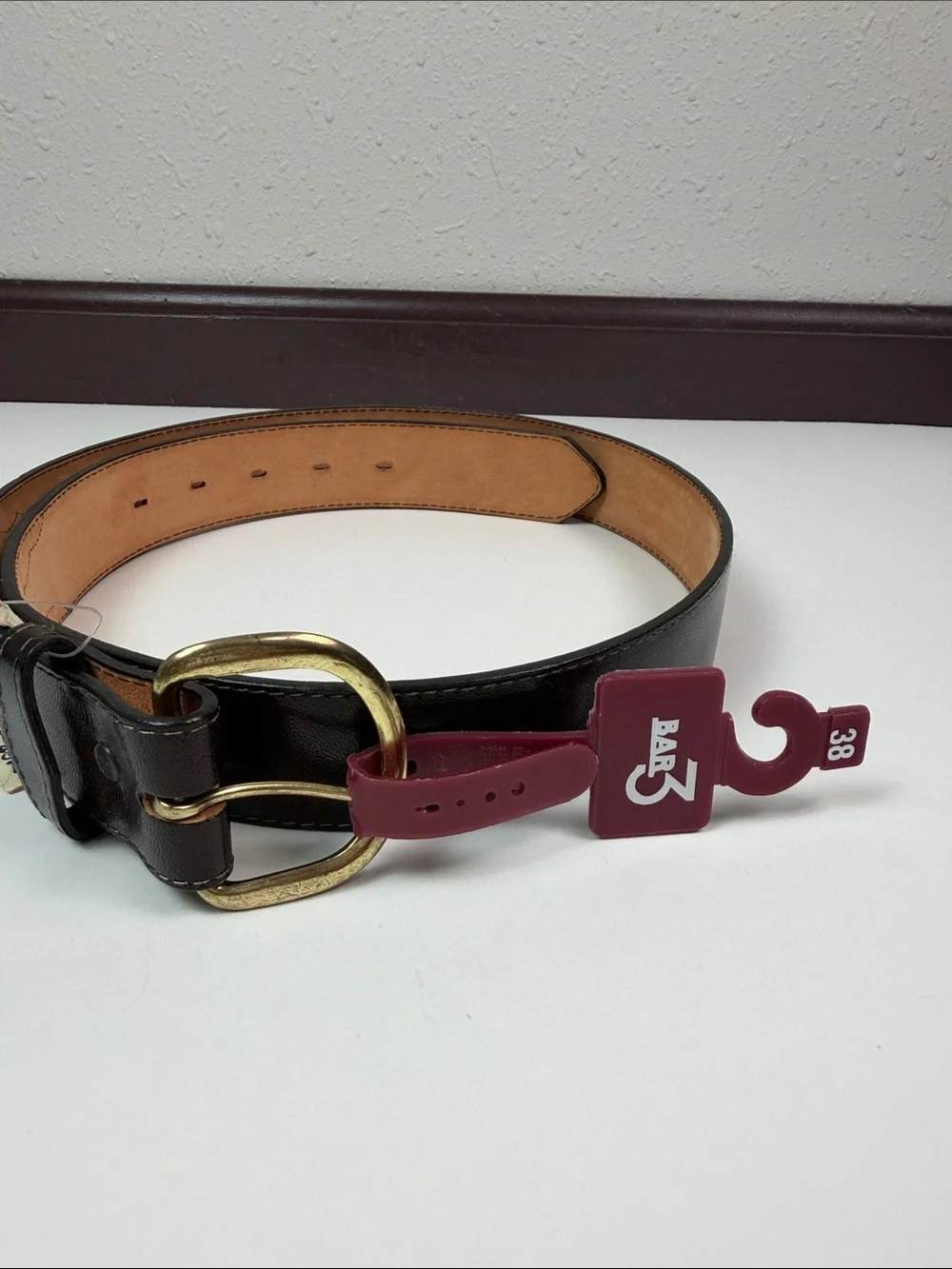 NWT Bar III Made in USA Leather Belt Size 38 Brown Brass Buckle Vintage Classic